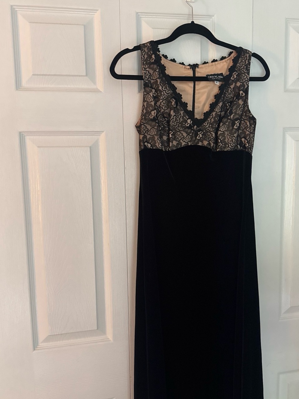 Black Velvet Evening Dress with Lace Bodice